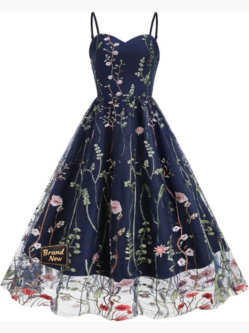 Women's Vintage 1950s Floral Embroidered Swing Dress Illusion Neckline